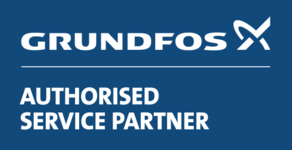 Grundfos Authorised Service Partner Logo in Blau mit weißem Schriftzug